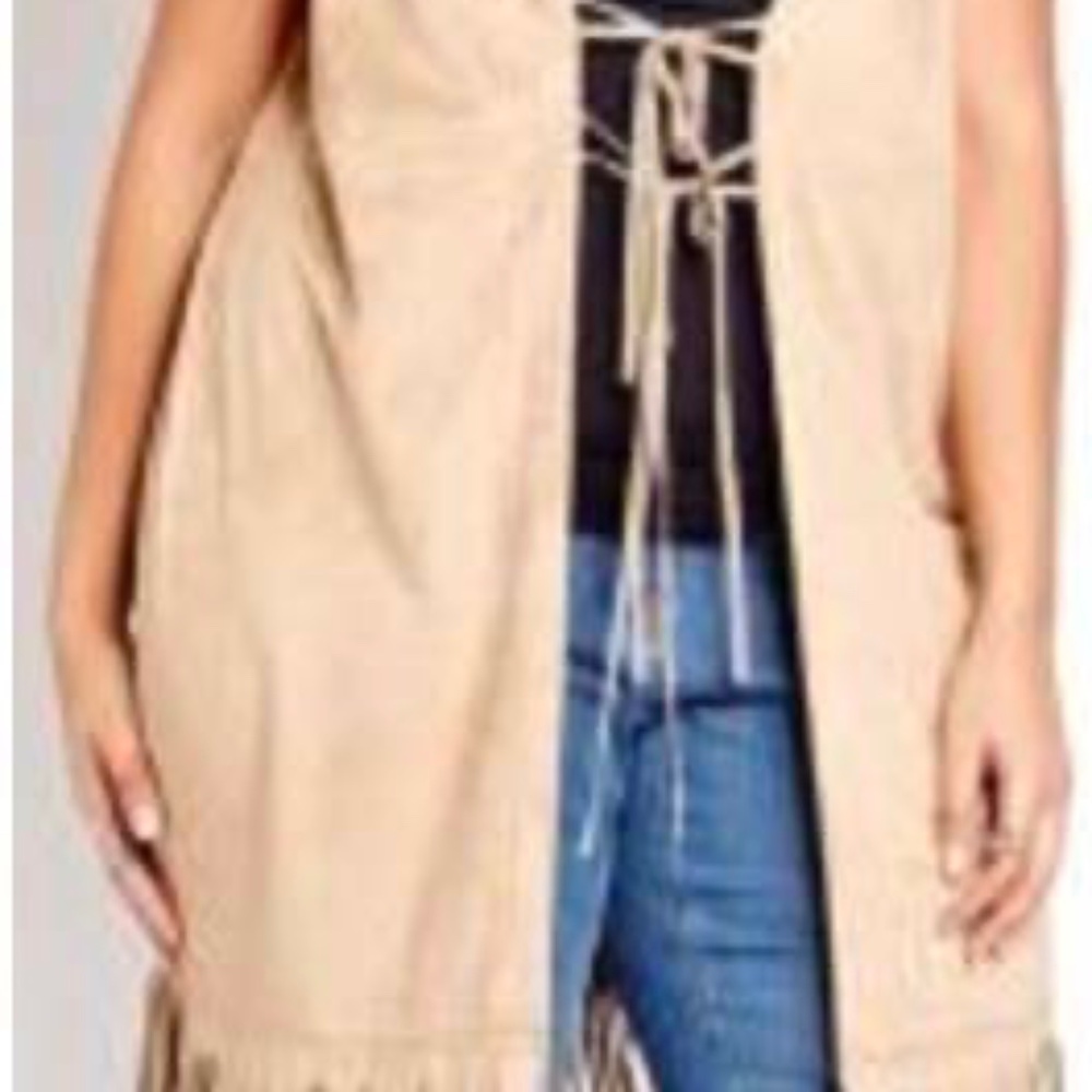 VEST, FAUX SUEDE, COLOUR: SUEDE, SZ 24, SLEEVELESS, LONG BOTTOM FRINGE,